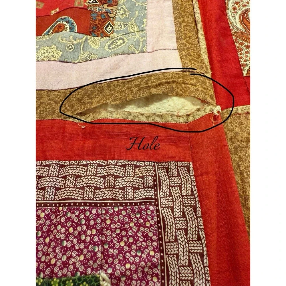 Antique Log Cabin Style Quilt Queen Size 82” X 74” Reversible Red Cream Boxes